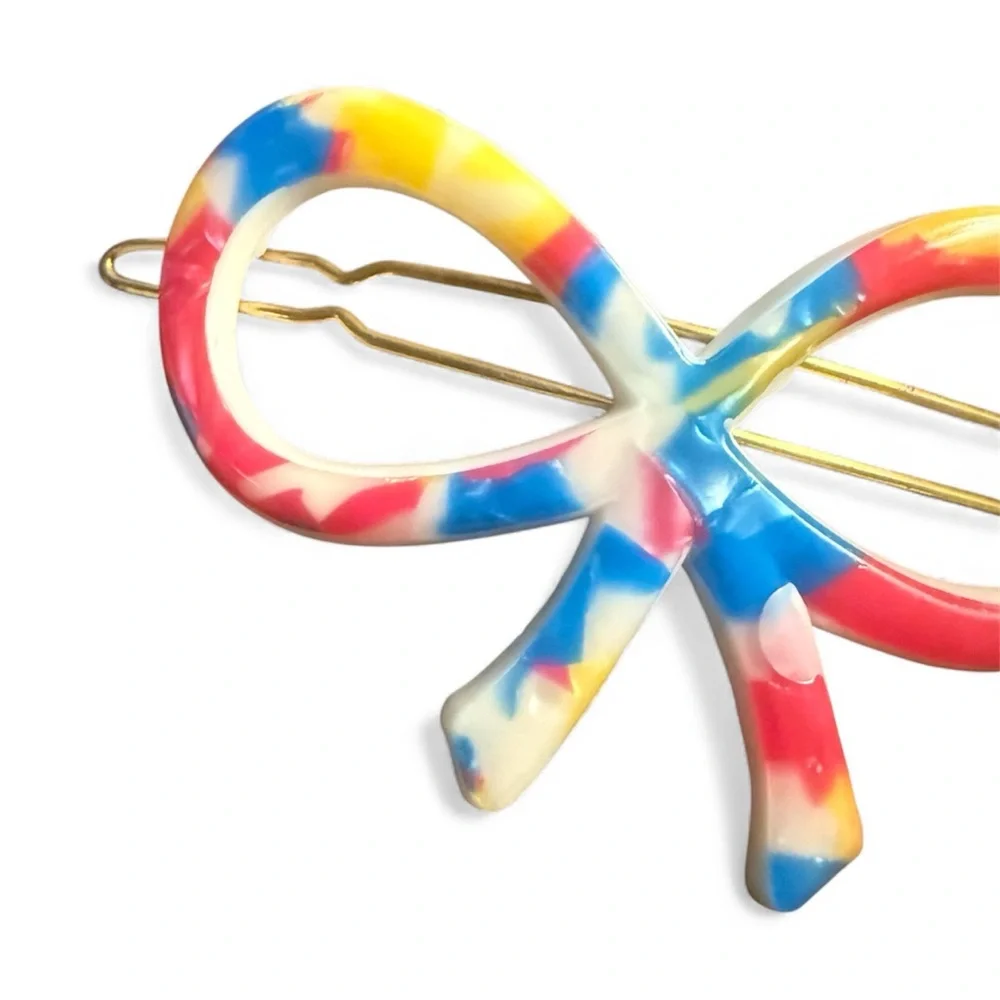 1960’s Vintage French Bow Barrette in Bright Pink Blue, Wire Clasp ,Unworn, 2.5”